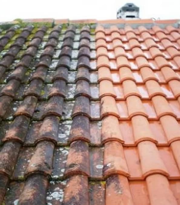 Démoussage de toiture avant après en Gironde : tuiles nettoyées et traitées